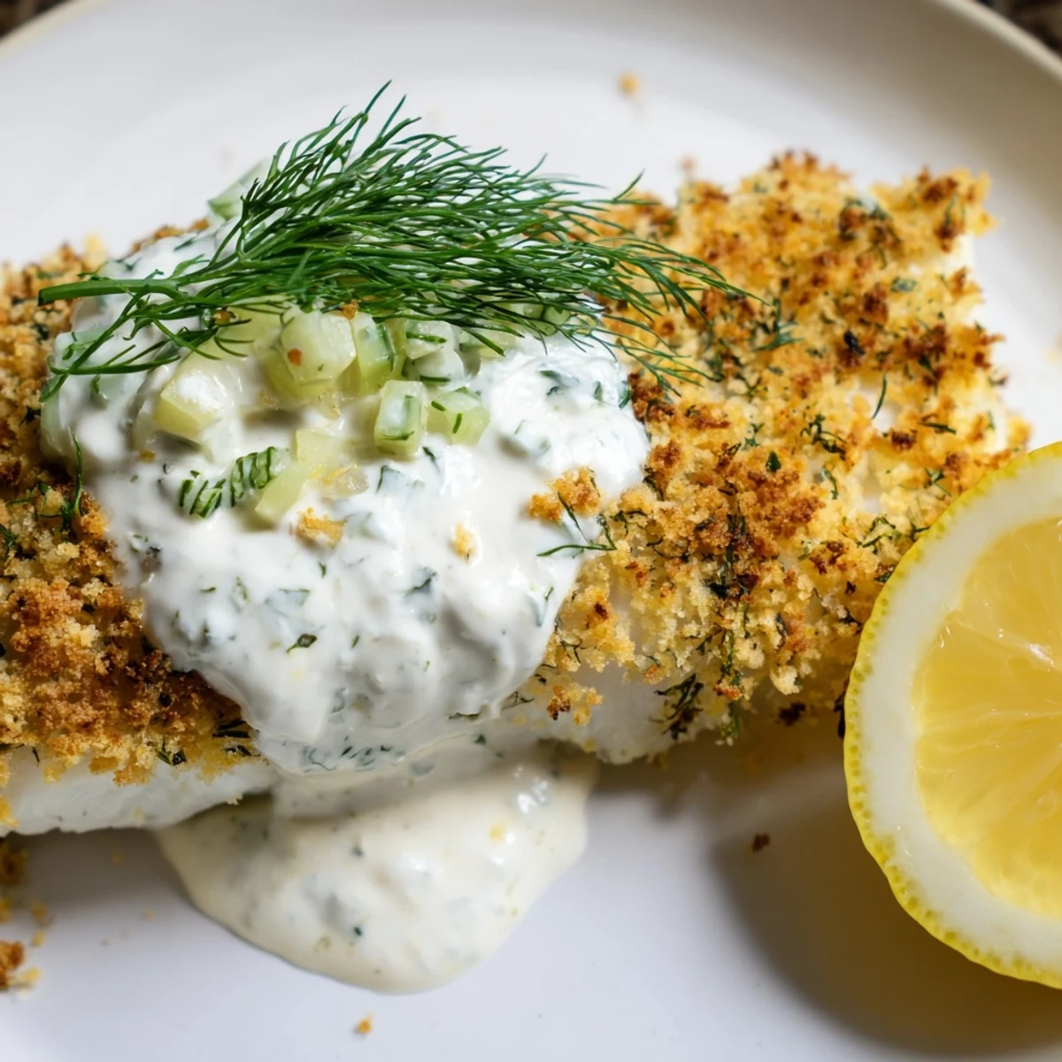 Breaded white fish with golden panko crust topped with refreshing herb yoghurt sauce
