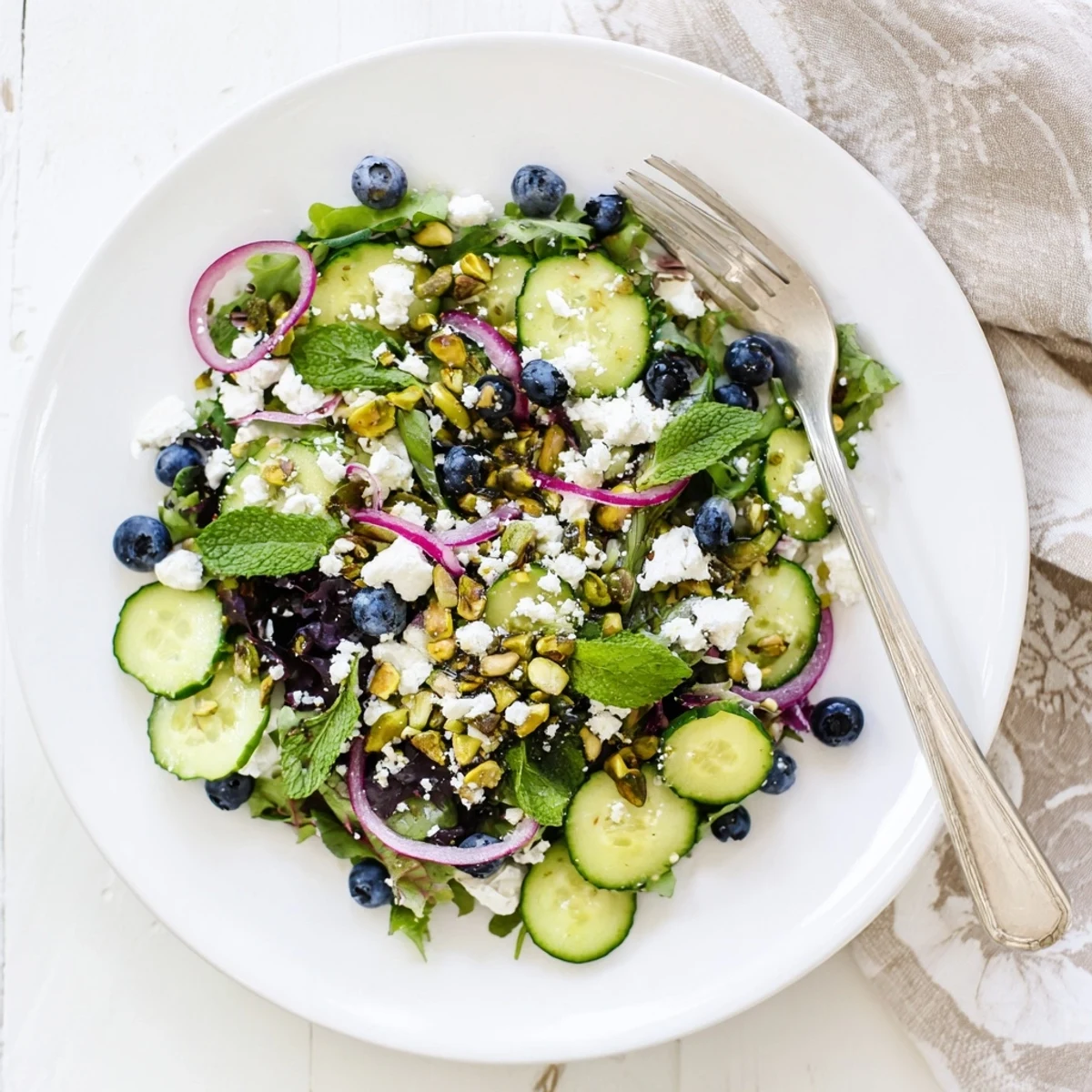 Fresh blueberry pistachio spring salad featuring vibrant greens, crumbled feta, and crisp cucumber slices drizzled with lemon honey dressing