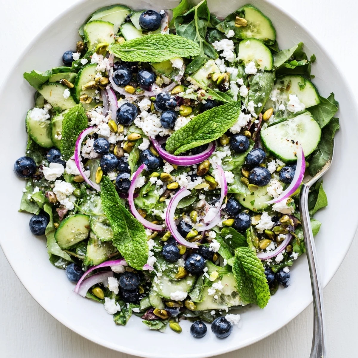 Colorful bowl of blueberry pistachio spring salad topped with toasted nuts, juicy berries, and fresh mint leaves in light vinaigrette
