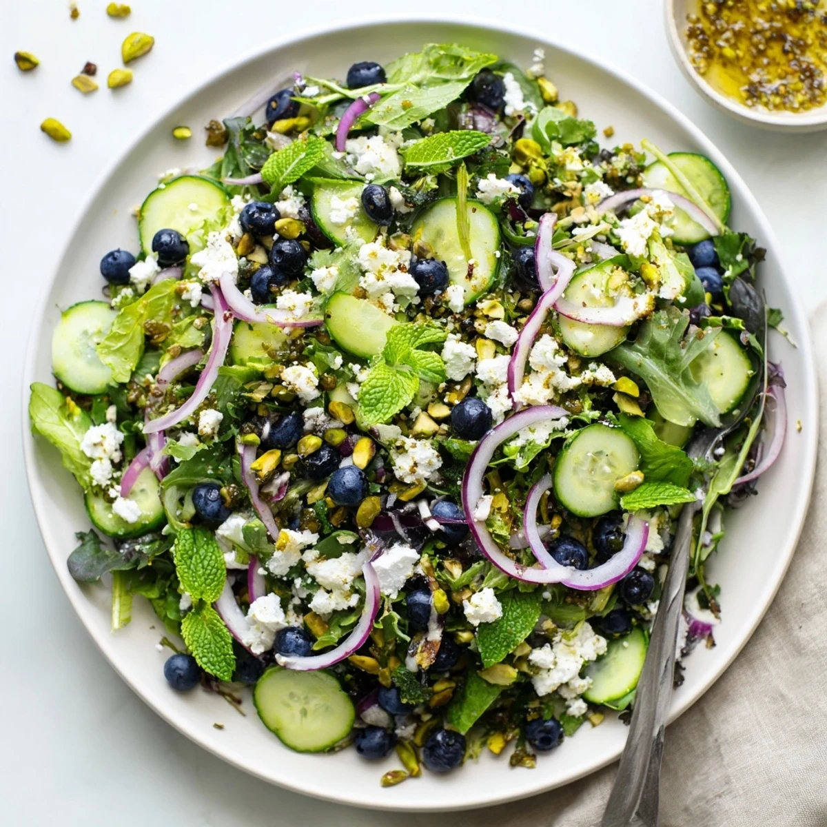 Garden fresh blueberry pistachio spring salad arranged with red onion, cucumber, and creamy feta cheese tossed in citrus honey dressing