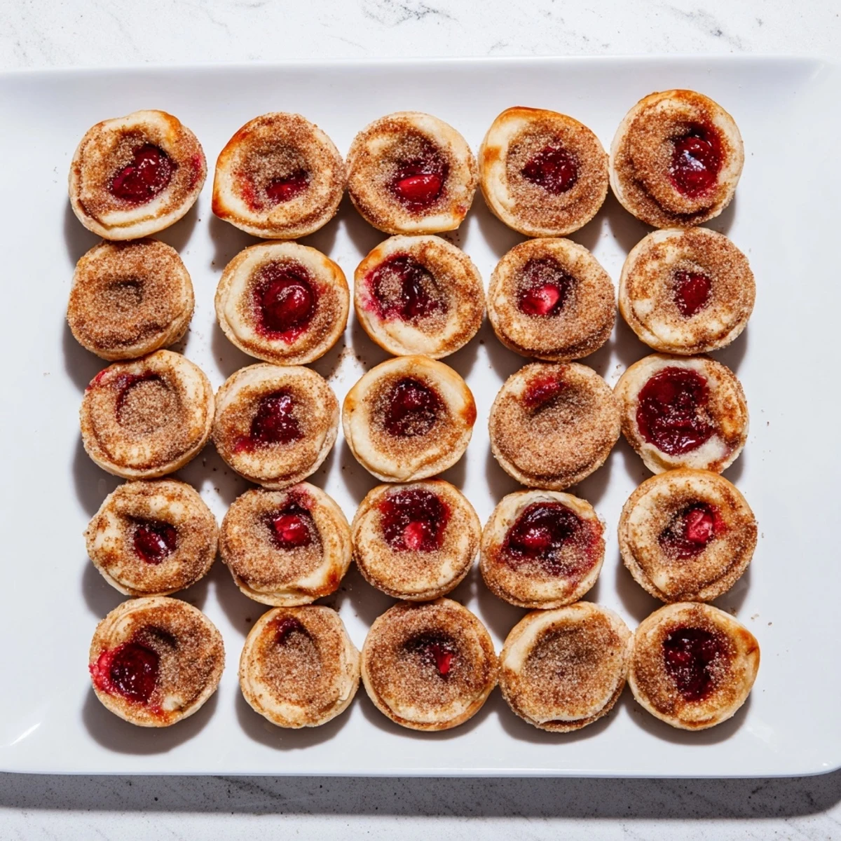 Golden cherry pie bites with bubbling red fruit filling nestled in buttery baked crust