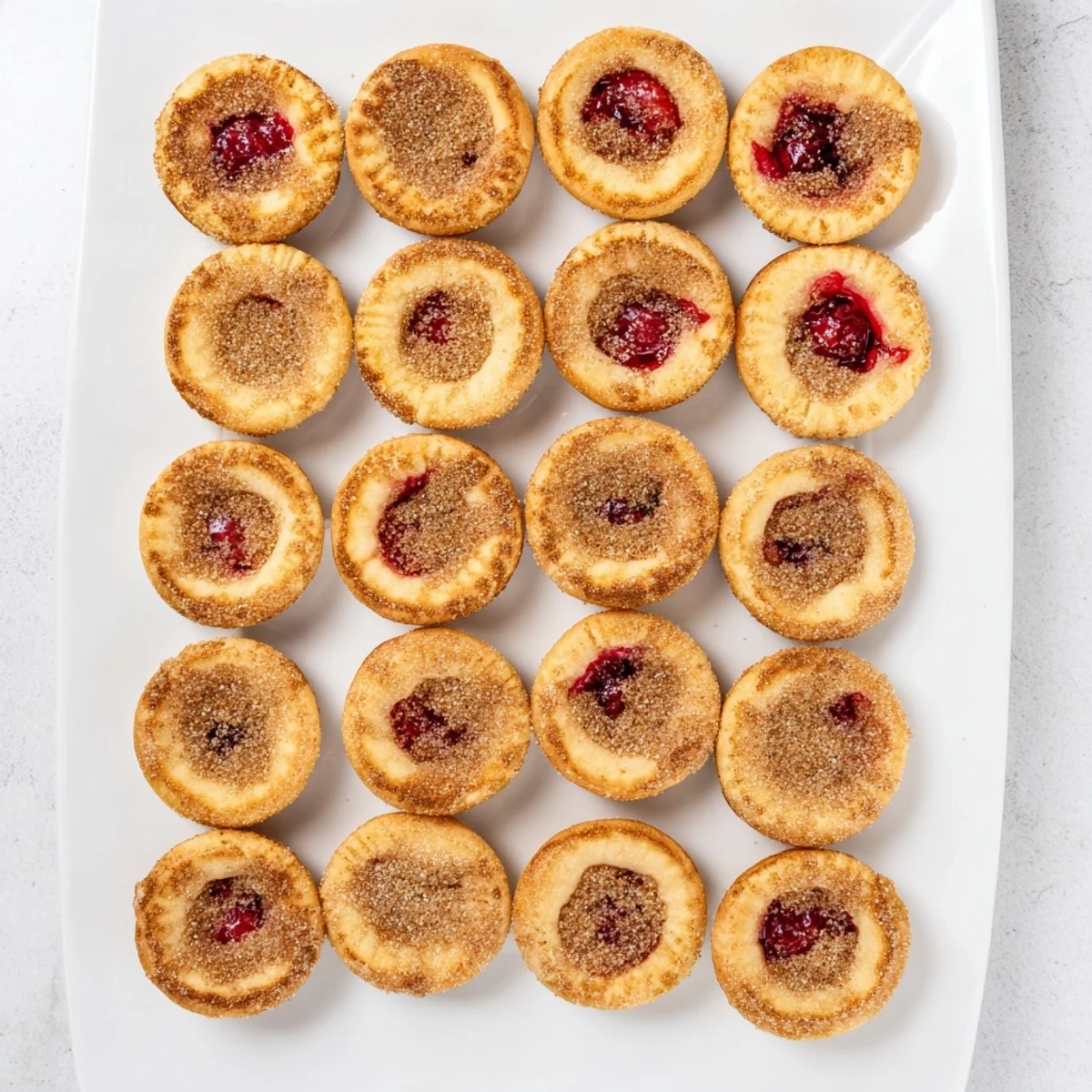 Freshly baked cherry pie bites showing sweet fruit filling inside golden flaky pastry cups