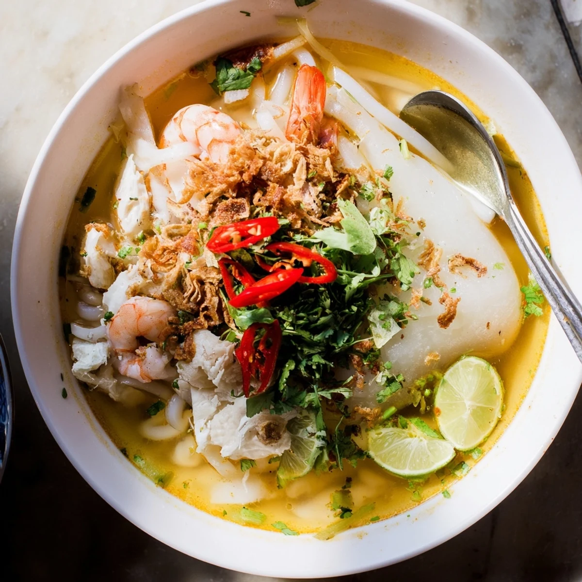 Steaming bowl of Banh Canh Cua Vietnamese crab noodle soup with thick tapioca noodles and garnishes