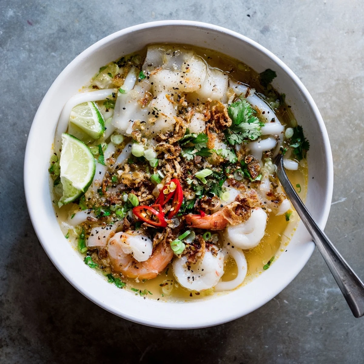 Rich Banh Canh Cua featuring tender crab meat, shrimp, and spring onions in golden broth