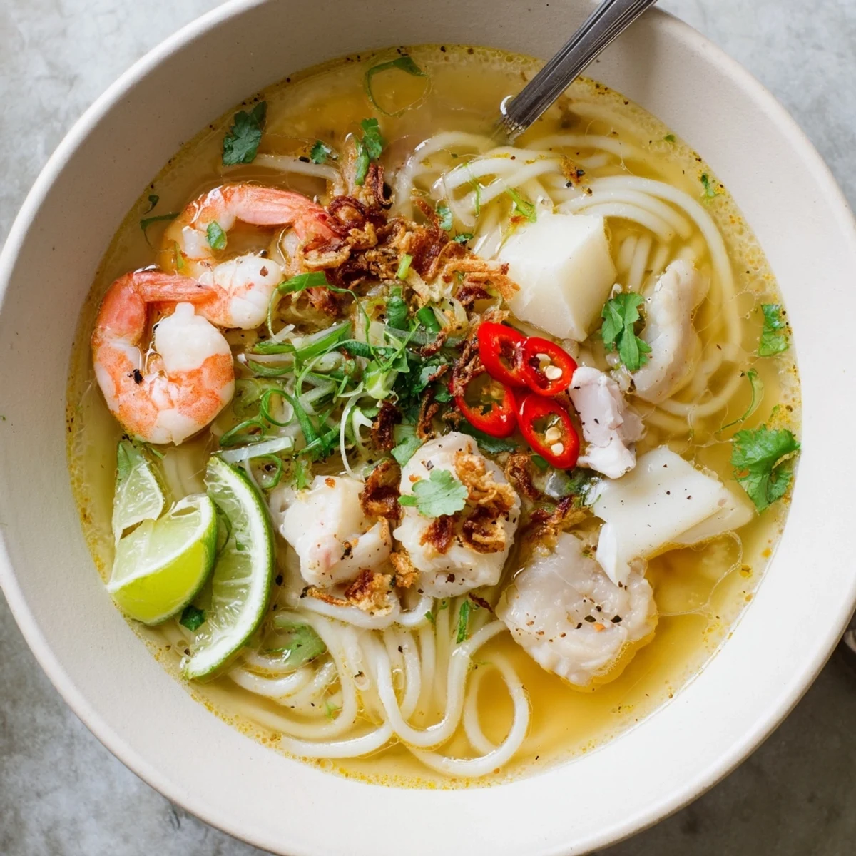 Hearty Banh Canh Cua soup topped with cilantro, fried shallots, and fresh red chili slices