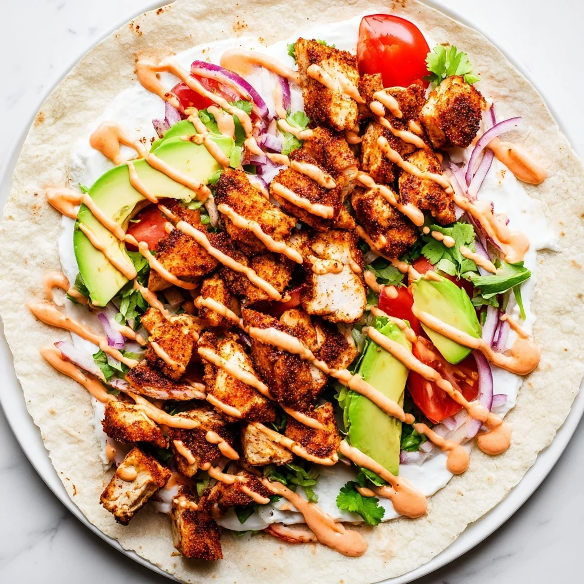 Spicy chicken avocado wraps rolled tightly with red onion tomatoes and zesty sauce drizzle