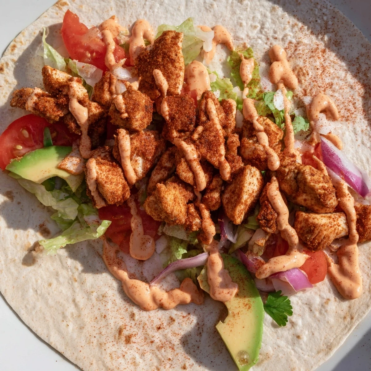 Golden sliced spicy chicken wrapped in flour tortillas with creamy avocado and crisp lettuce