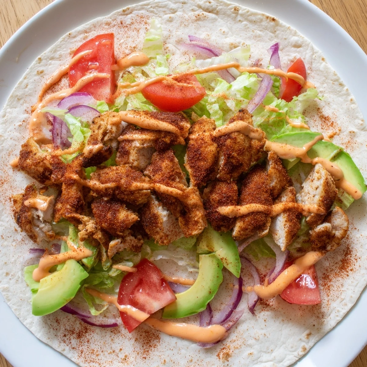 Homemade spicy chicken avocado wraps halved to show layers of tender meat fresh vegetables