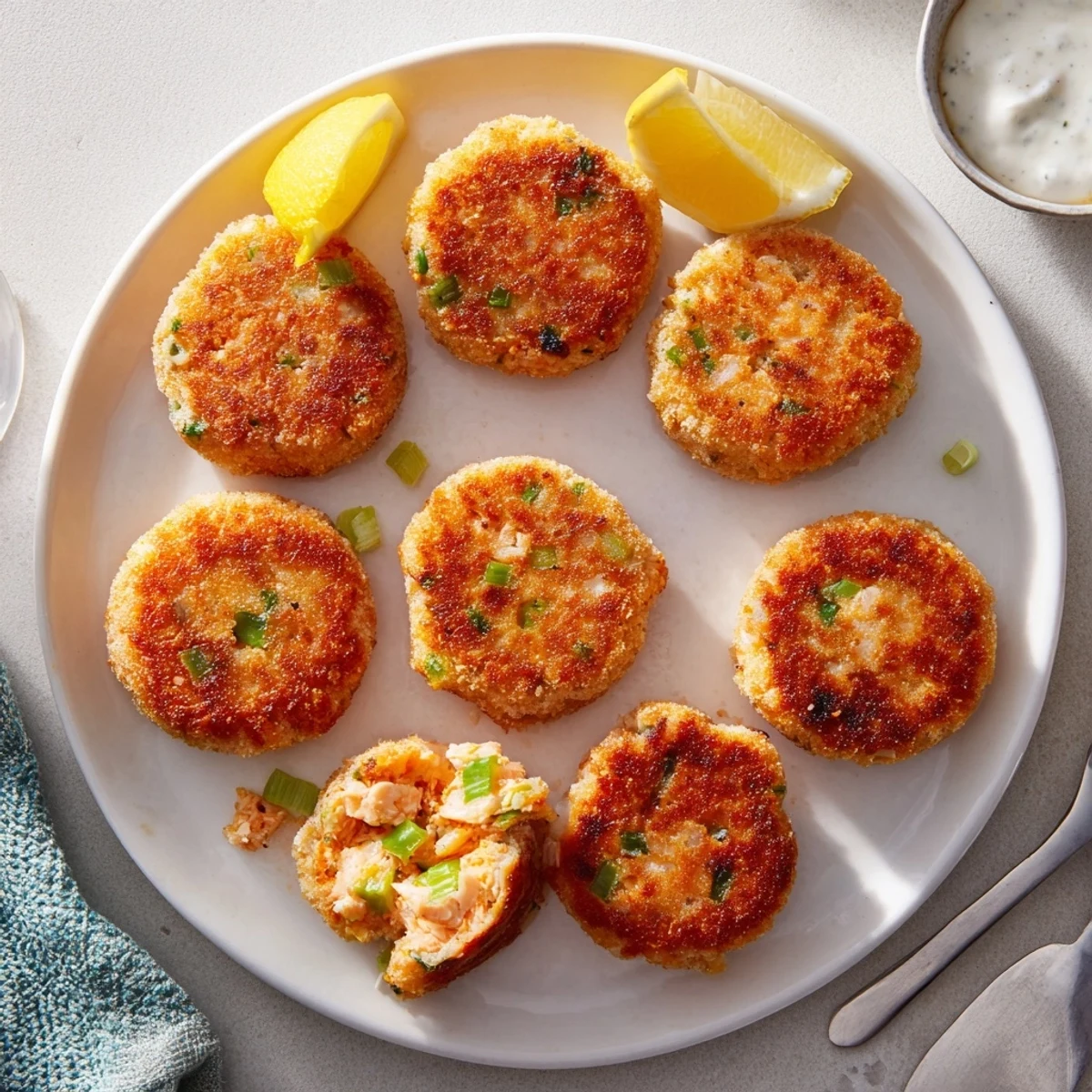 Golden brown Southern salmon croquettes fried to crispy perfection on a white plate