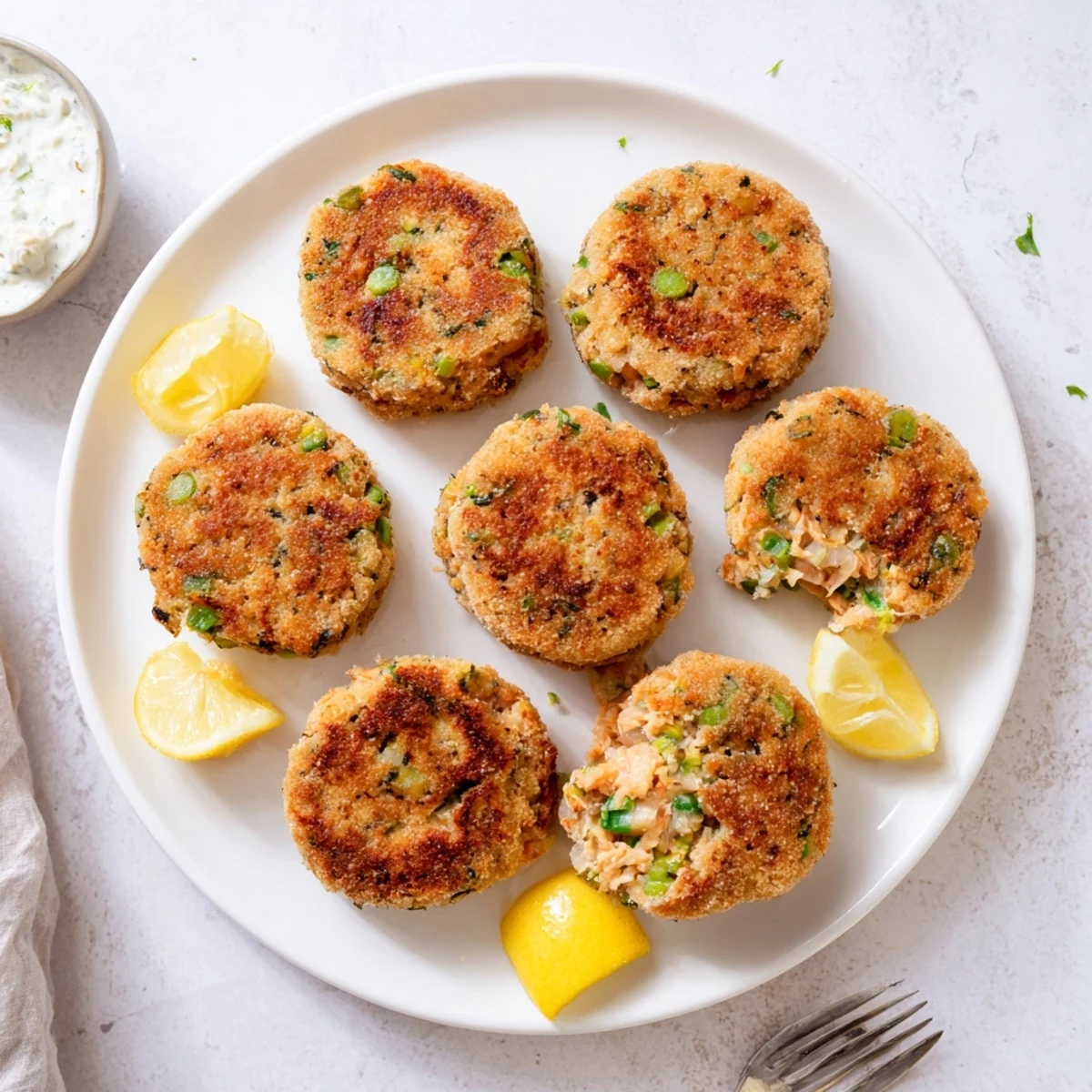 Tender flaky Southern salmon croquettes with a golden crust served with fresh lemon wedges