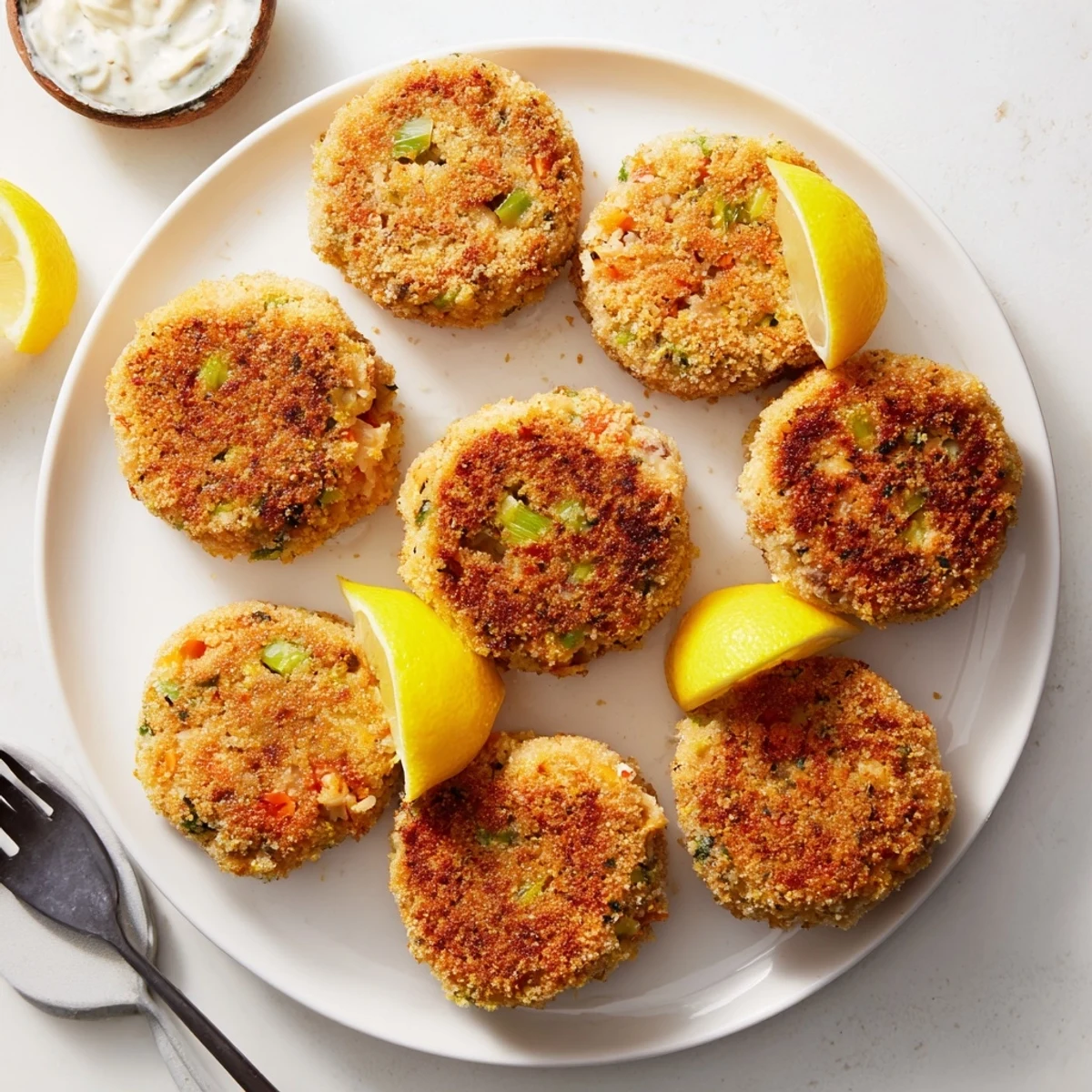 Homemade Southern salmon croquettes arranged on a rustic cutting board with tartar sauce