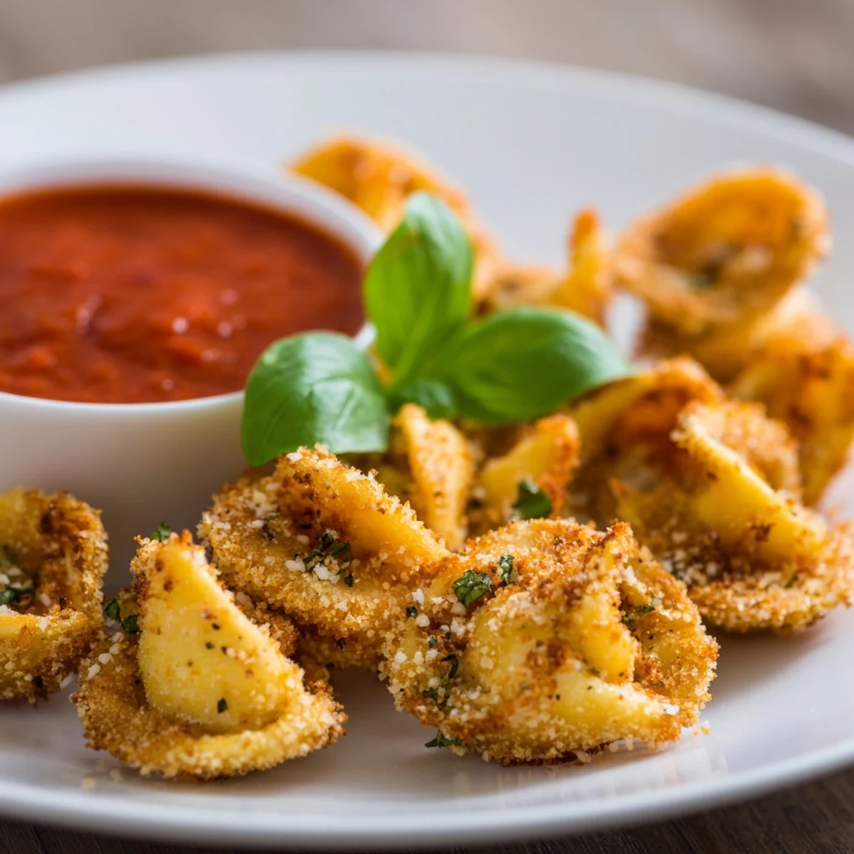Golden brown air fryer tortellini arranged on a white serving plate with marinara dipping sauce