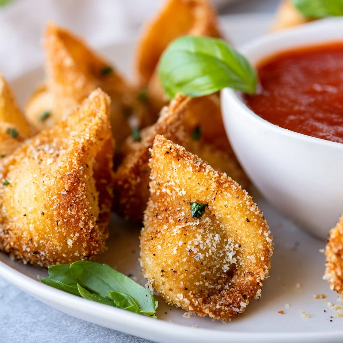 Crispy breadcrumb-coated tortellini fresh from the air fryer basket, garnished with fresh basil leaves