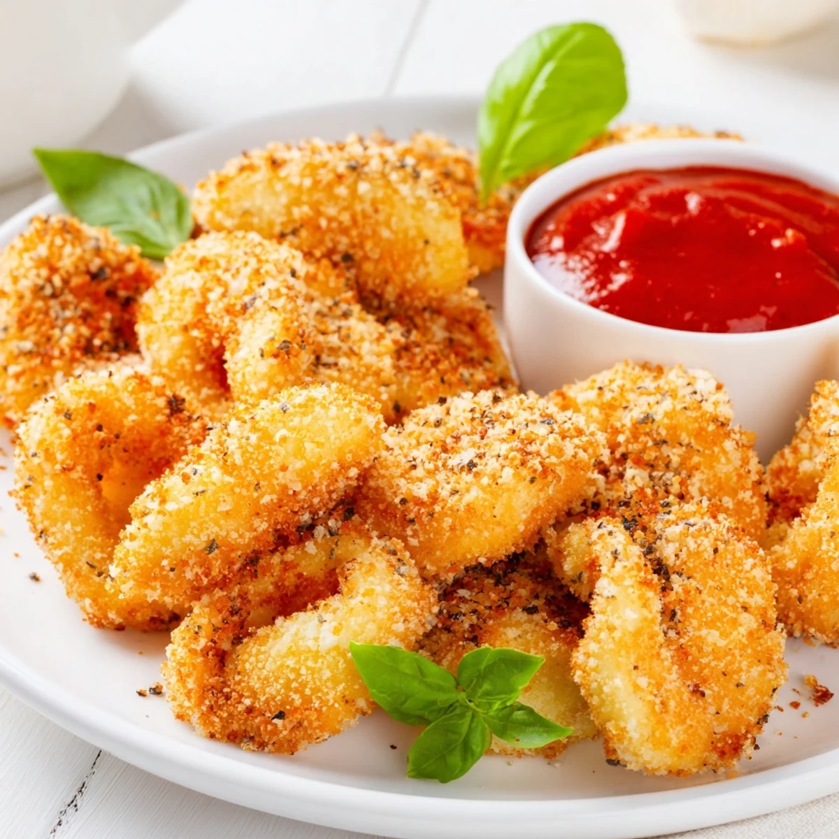 Bite-sized parmesan-crusted air fryer tortellini stacked beside a bowl of warm red marinara sauce