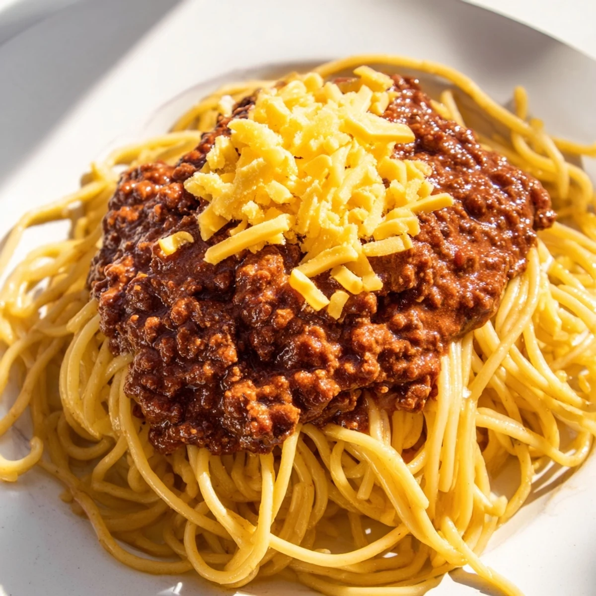 Homemade Cincinnati chili served over spaghetti with shredded cheddar cheese and diced onions