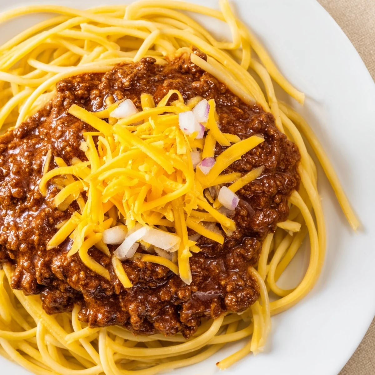 Steaming bowl of Cincinnati chili featuring kidney beans cheese and fresh onion toppings