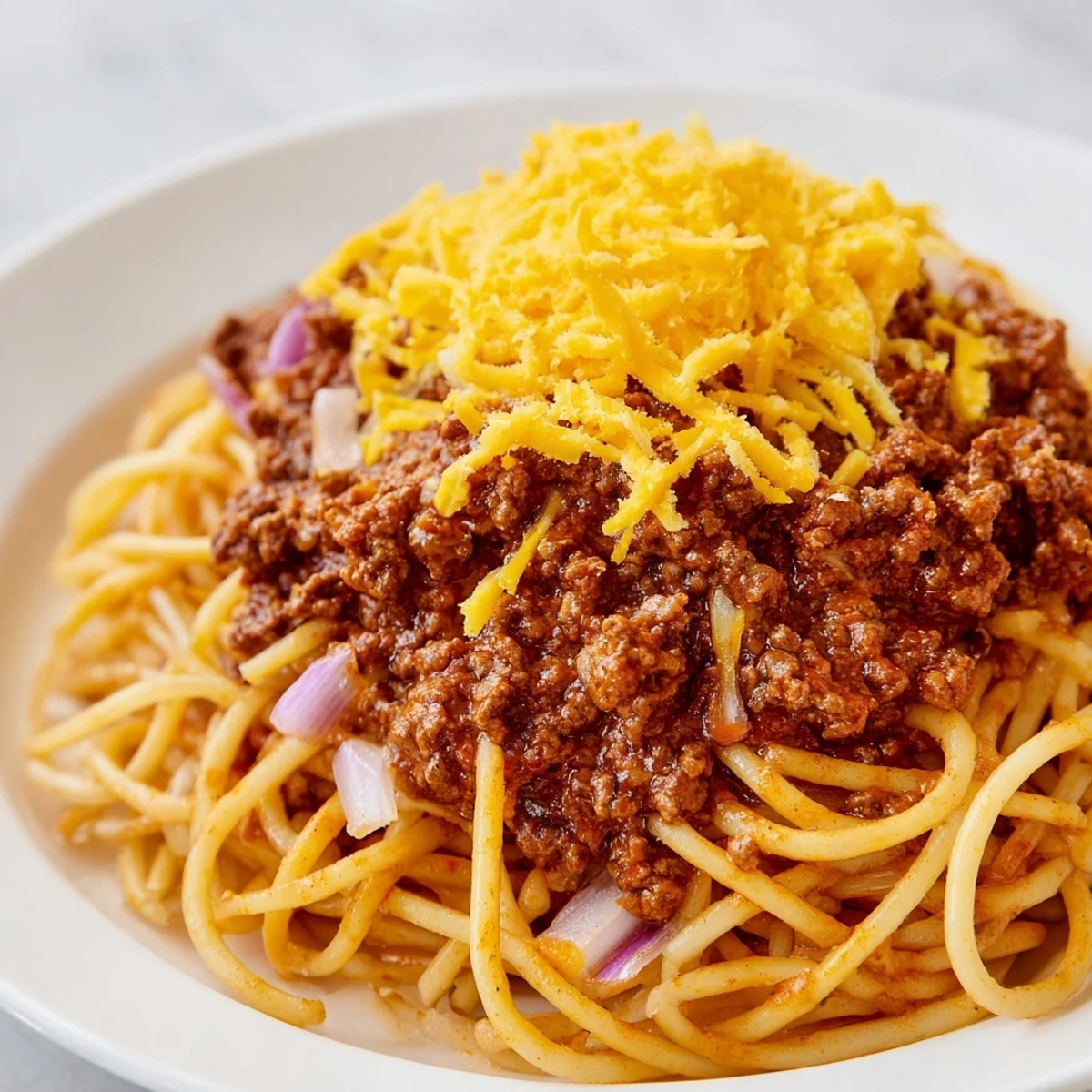 Rich spiced Cincinnati chili sauce ladled over pasta topped with melted cheddar cheese