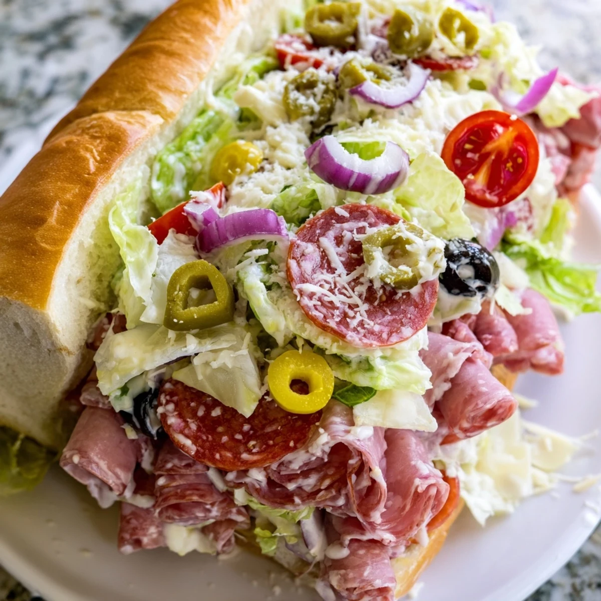 Crispy Italian hoagie roll piled high with salami, ham, mortadella, and tangy dressed grinder salad