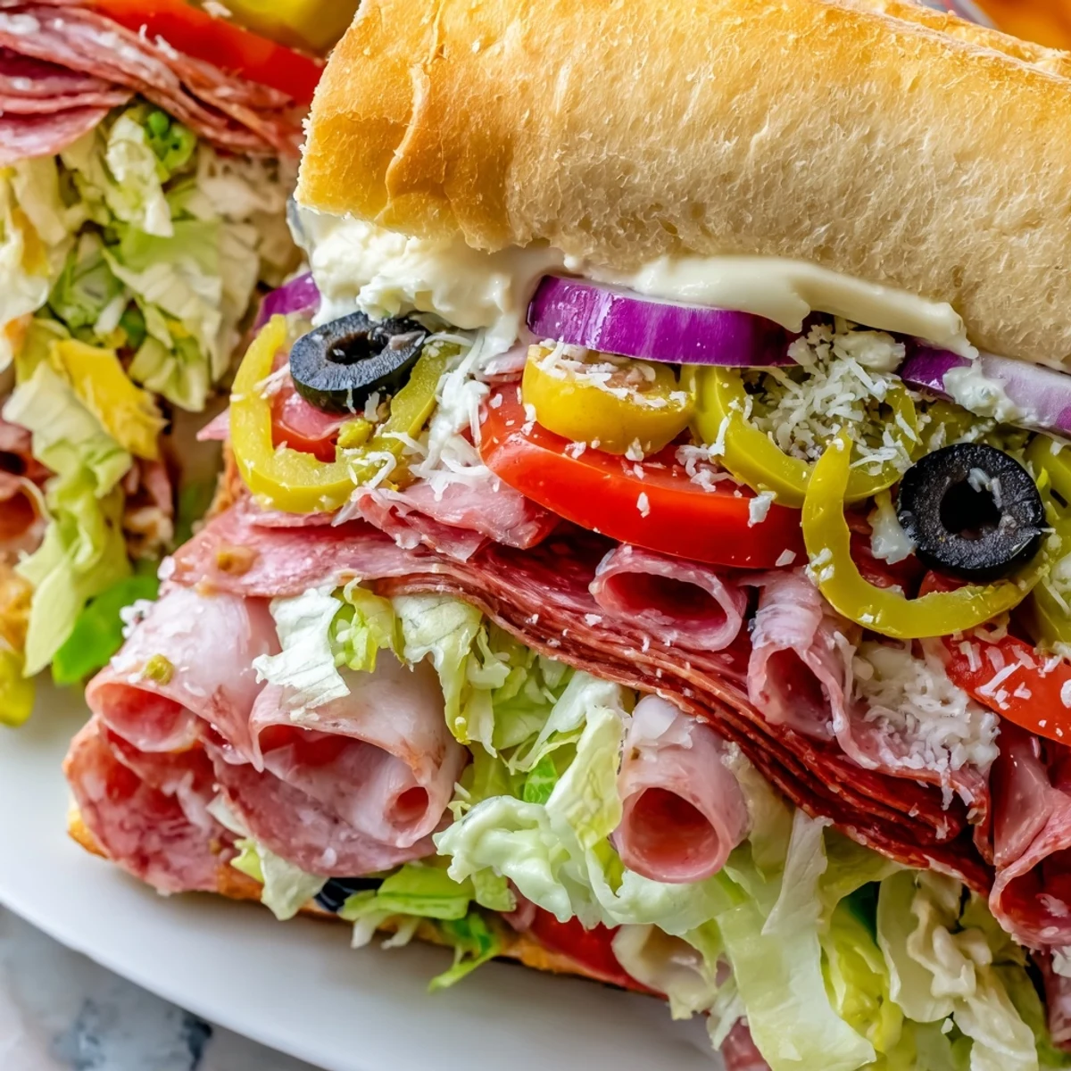 Toasted sub roll stuffed with five Italian deli meats and colorful pepperoncini lettuce salad mixture