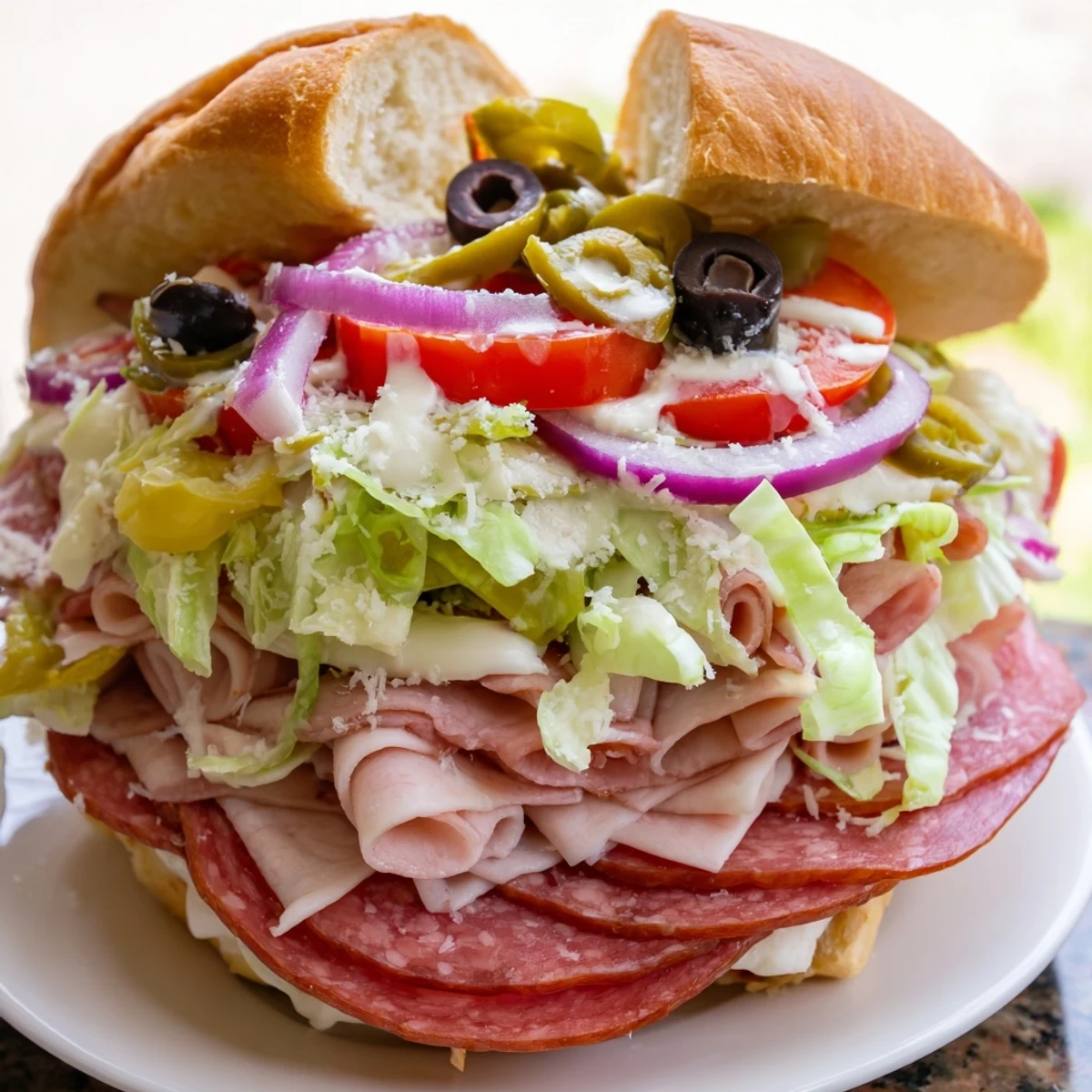Hearty Italian grinder sandwich loaded with provolone, cold cuts, and crunchy vegetable salad topping
