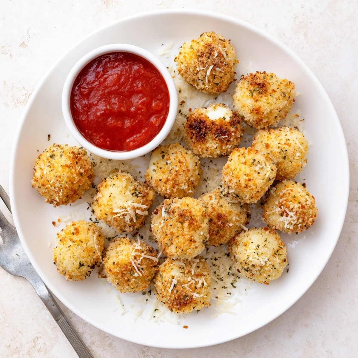 Golden fried mozzarella cheese balls with melted cheese center served on white plate