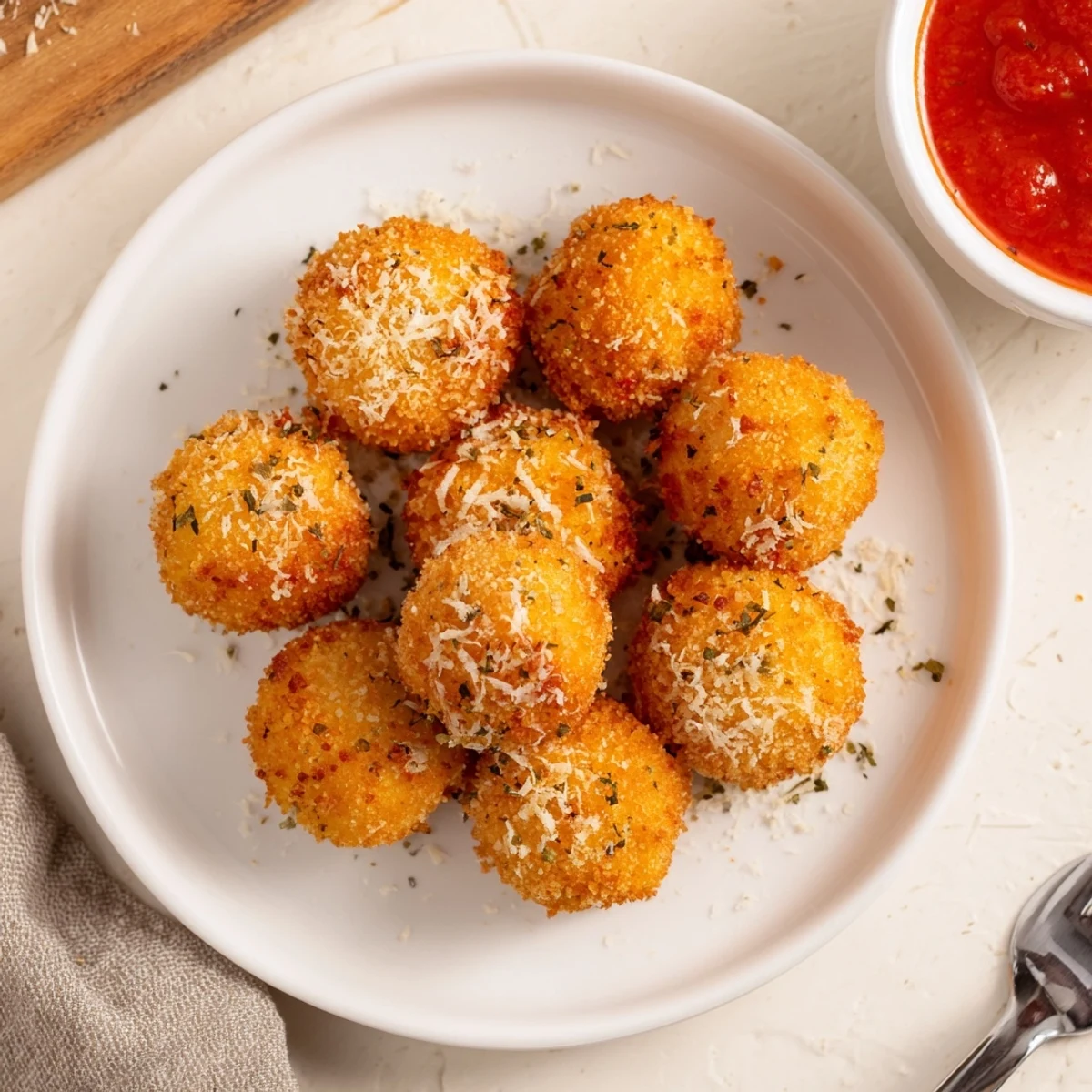 Crispy panko-coated mozzarella cheese balls arranged on rustic wooden board with marinara dipping sauce