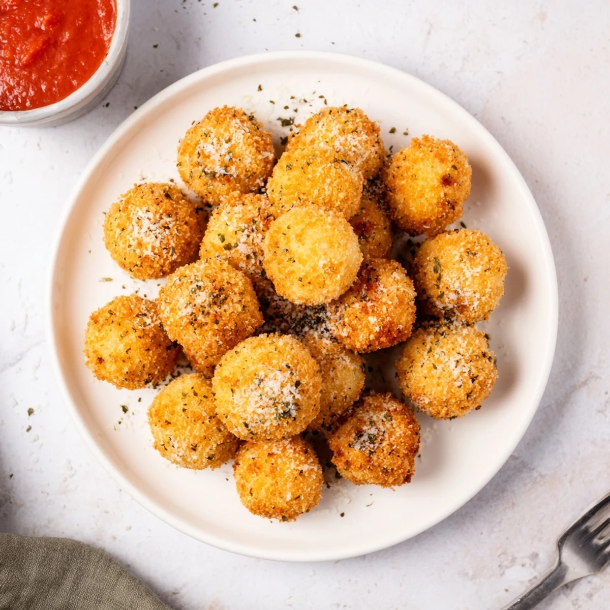 Bubbling hot mozzarella cheese balls stacked high with golden breadcrumb coating visible