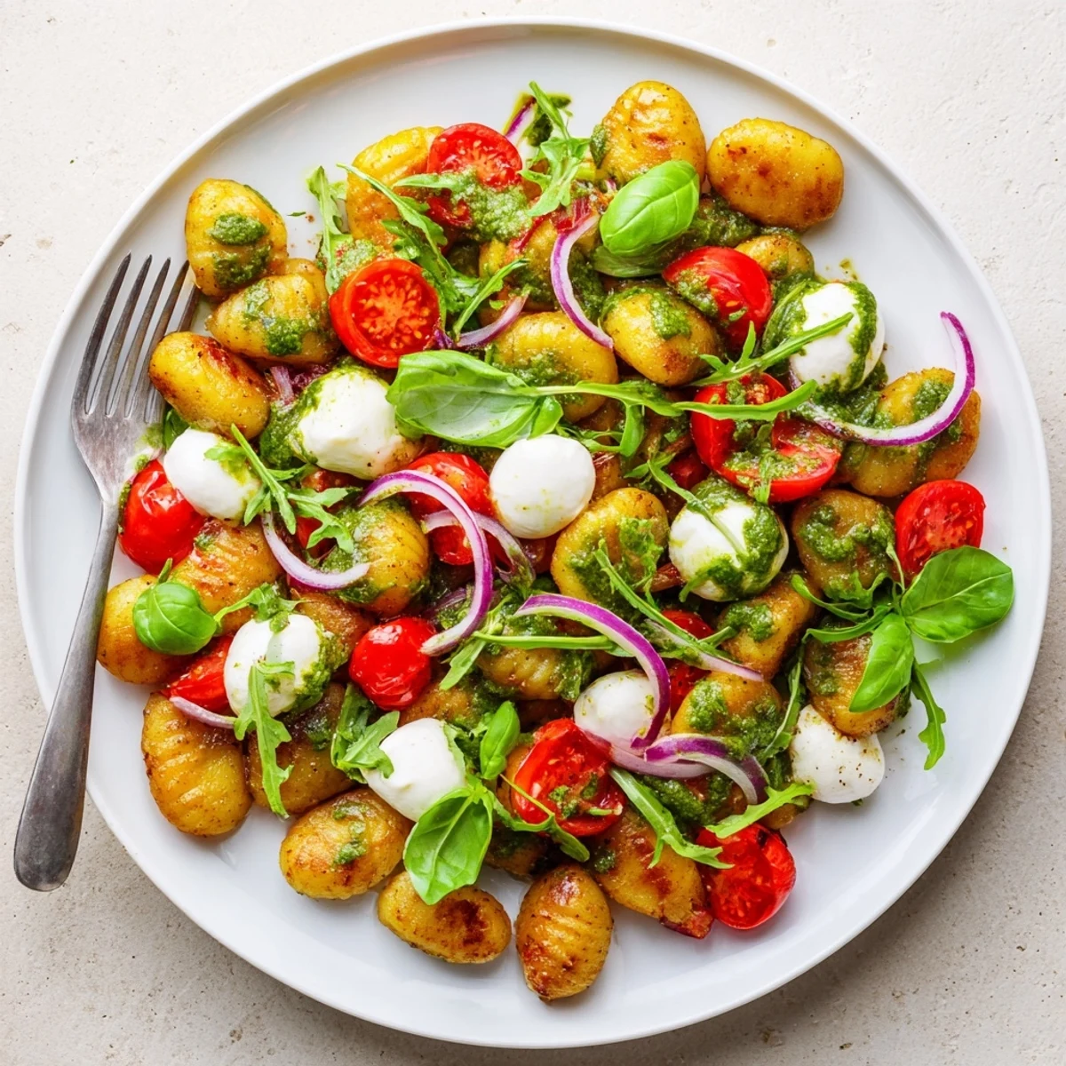 Golden roasted gnocchi salad with colorful vegetables and fresh mozzarella in zesty pesto