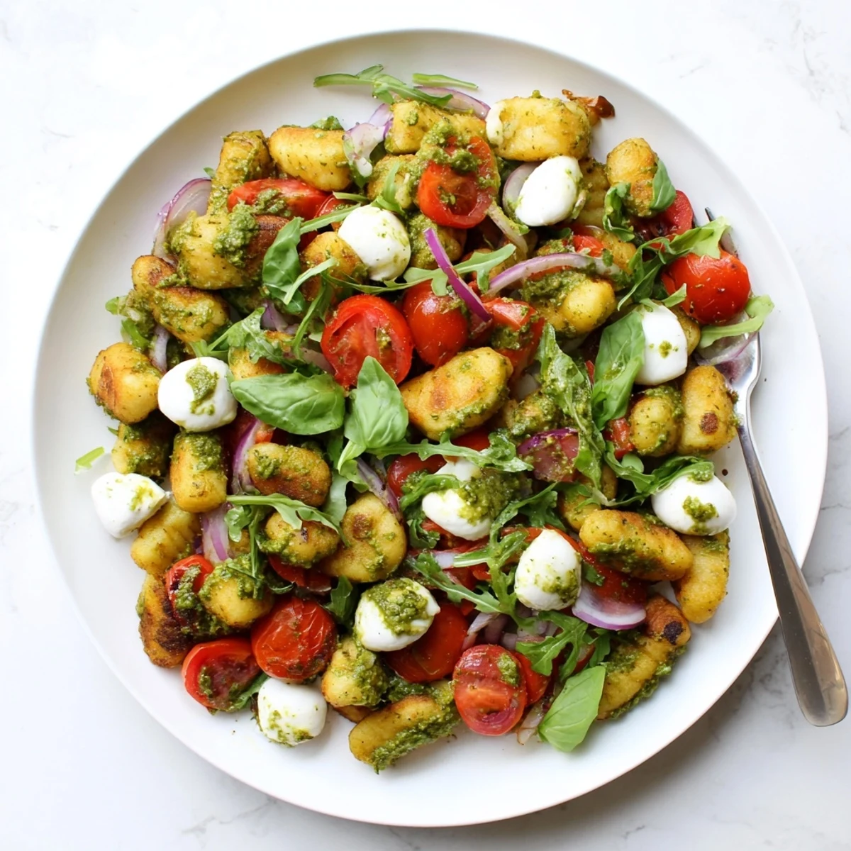 Warm Italian-inspired pesto roasted gnocchi salad featuring cherry tomatoes, red peppers, and creamy mozzarella