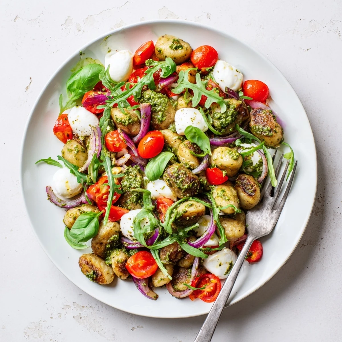 Crispy potato gnocchi tossed with pesto dressing, arugula, and mozzarella balls for a hearty meal