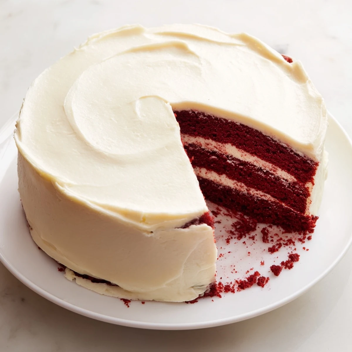 Moist red velvet cake with creamy cream cheese frosting on white serving plate