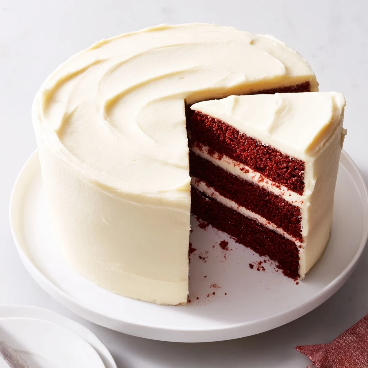Slice of red velvet cake recipe showing tender red crumb and white frosting