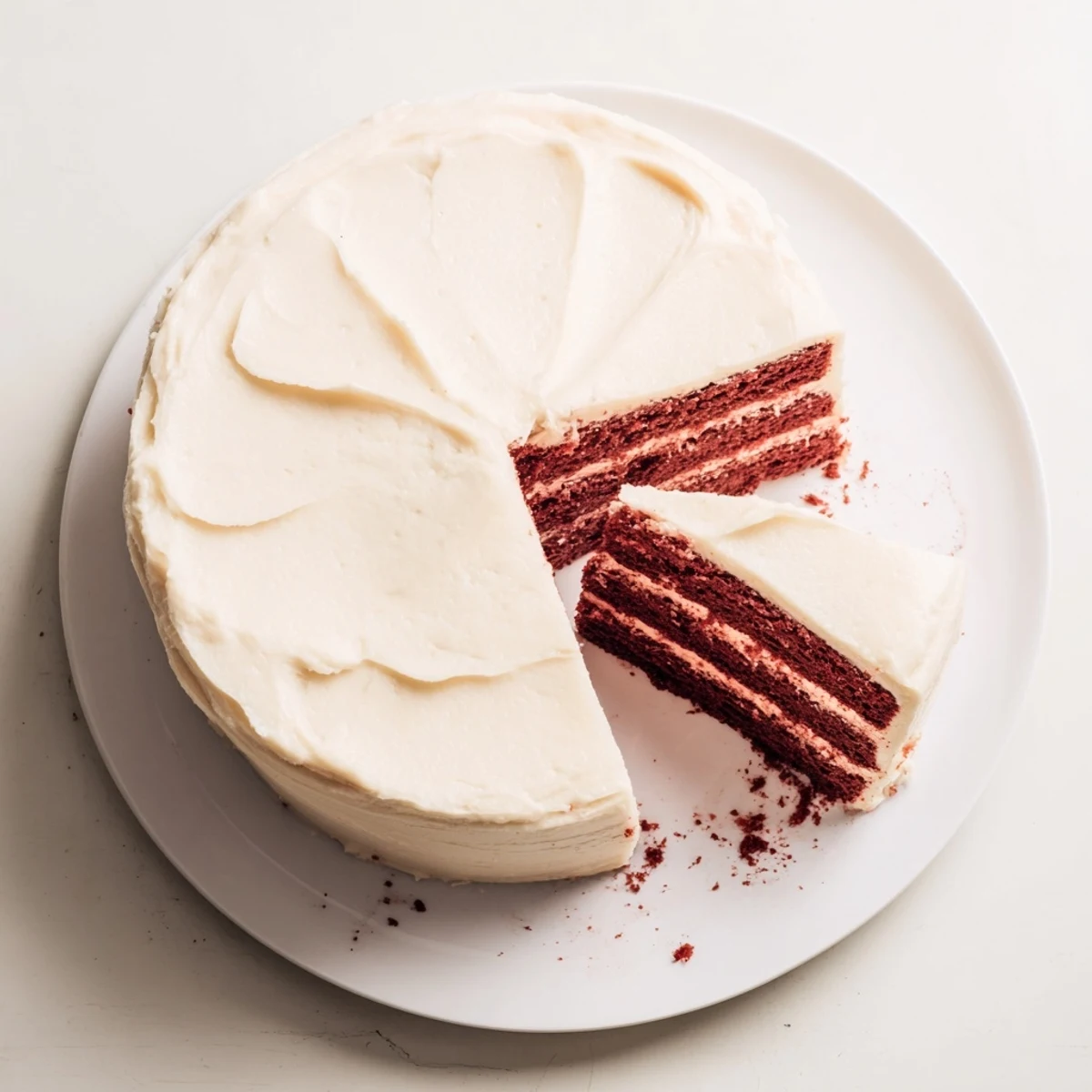 Two-layer red velvet cake topped with smooth cream cheese frosting and red crumbs