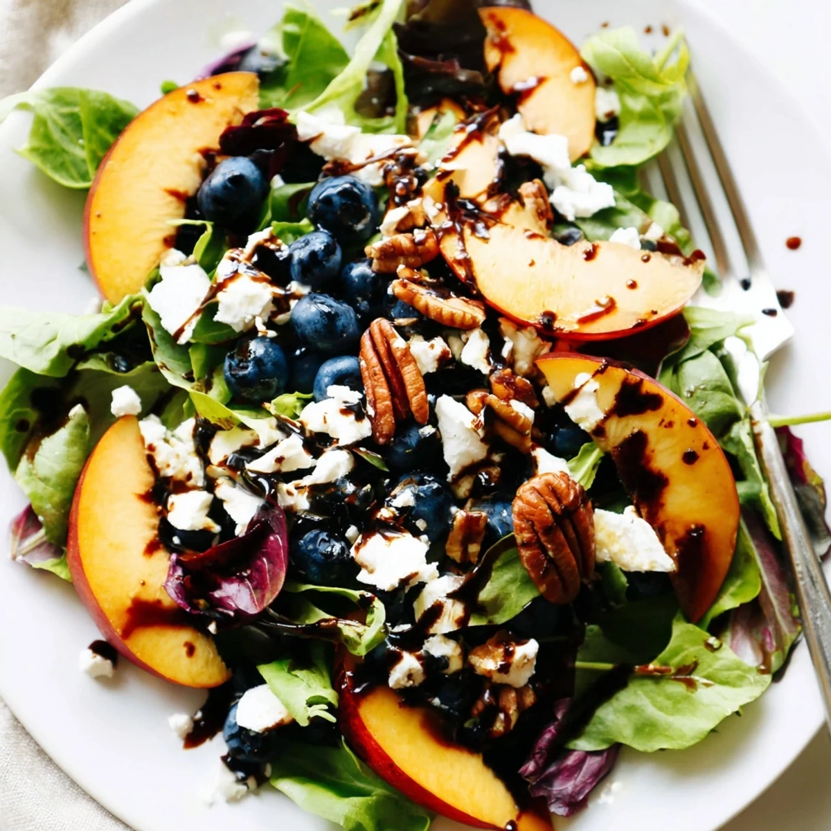 Fresh blueberry peach feta salad with ripe peach slices and juicy berries on mixed greens