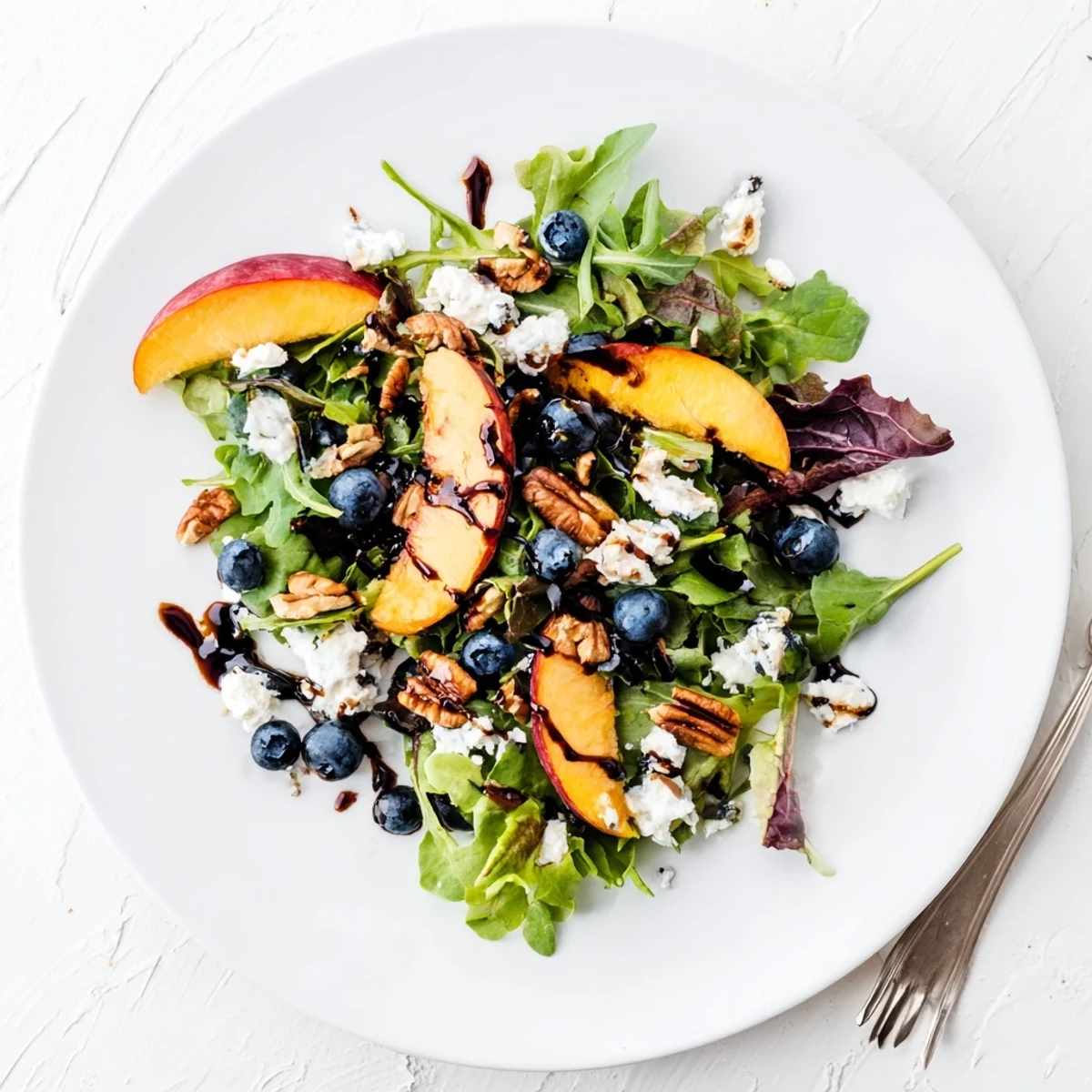 Colorful blueberry peach feta salad drizzled with balsamic dressing in a white serving bowl