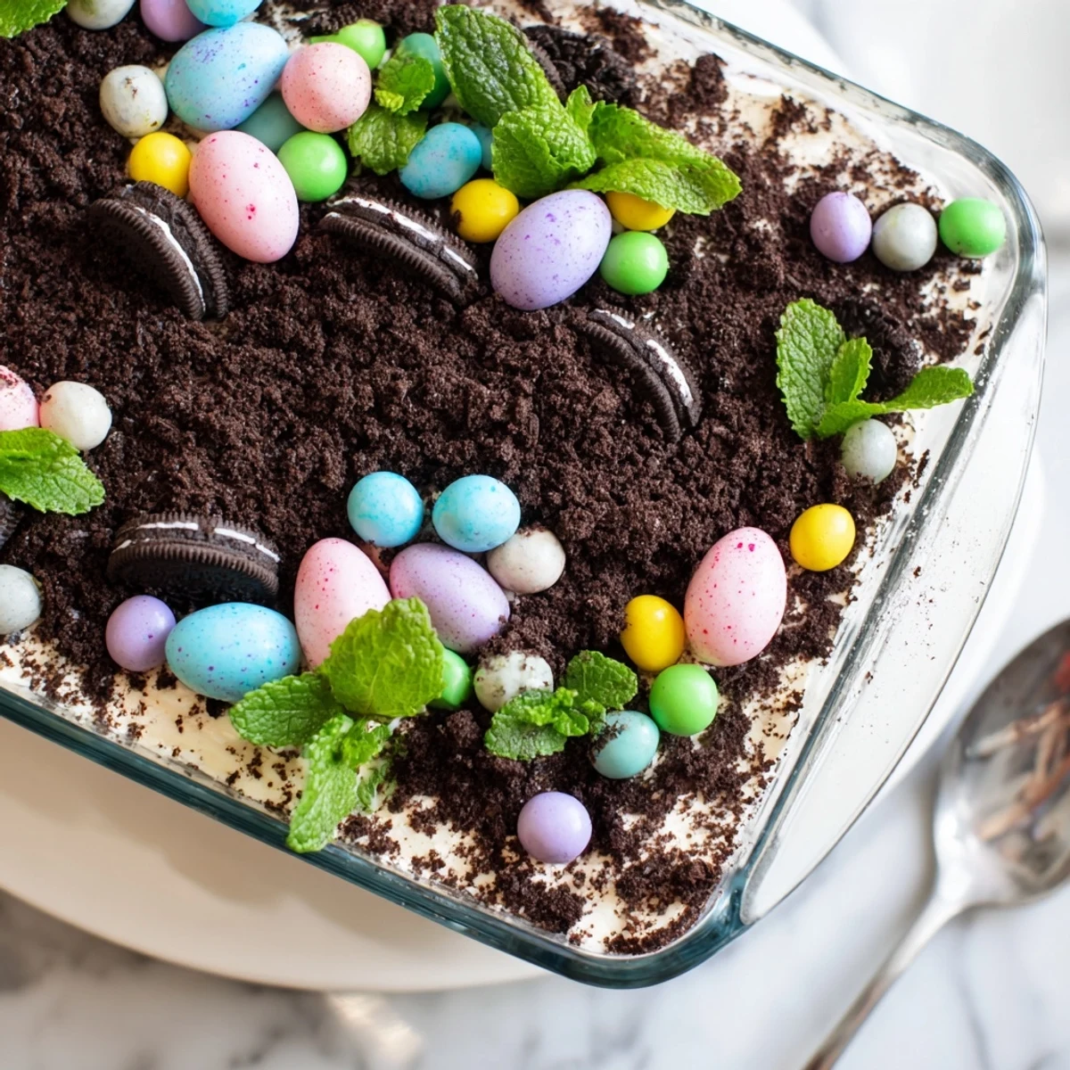 No-bake Easter dirt cake casserole displaying chocolate cookie base with vanilla pudding and pastel chocolate egg decorations