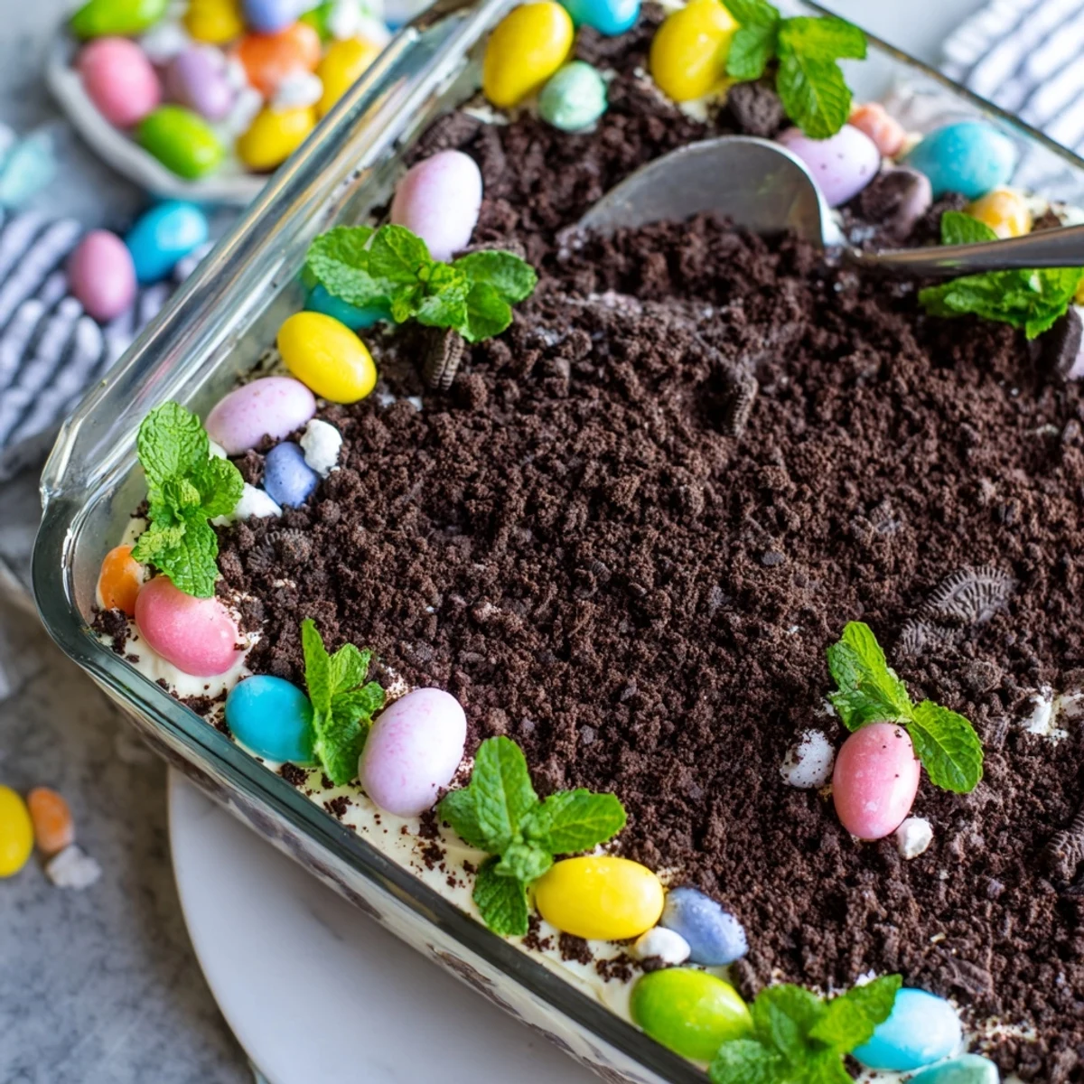 Spring dessert casserole featuring crushed chocolate sandwich cookies and colorful Easter candies scattered across whipped cream layers