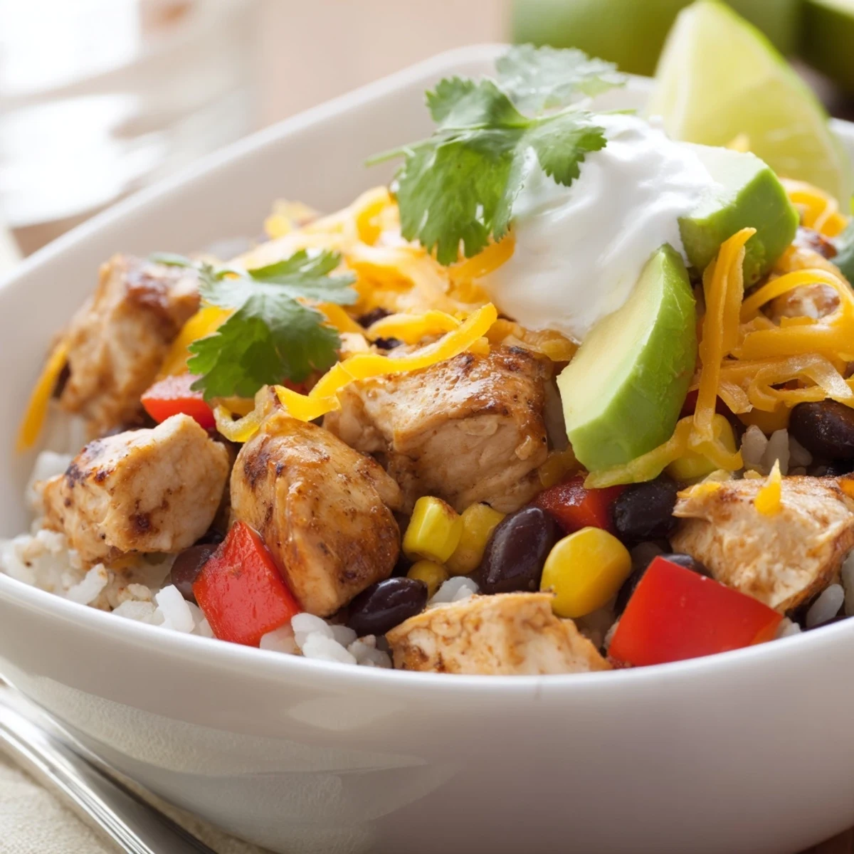 Golden Instant Pot chicken burrito bowls topped with melted cheese, creamy avocado, and fresh cilantro