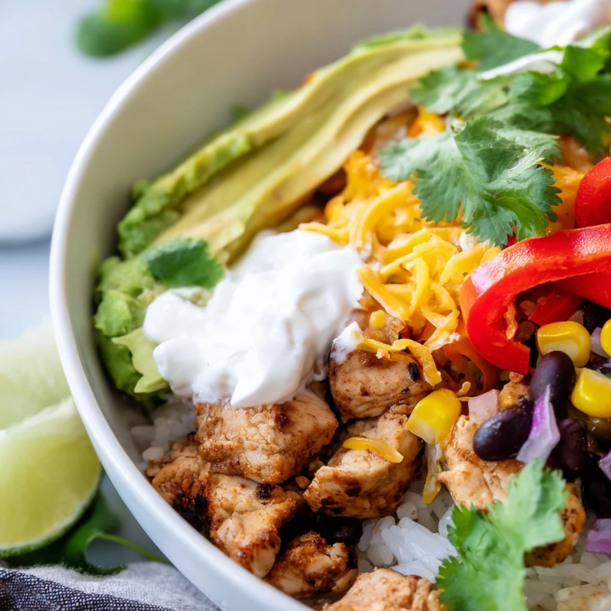 Colorful Instant Pot chicken burrito bowls garnished with sour cream, lime wedges, and vibrant toppings