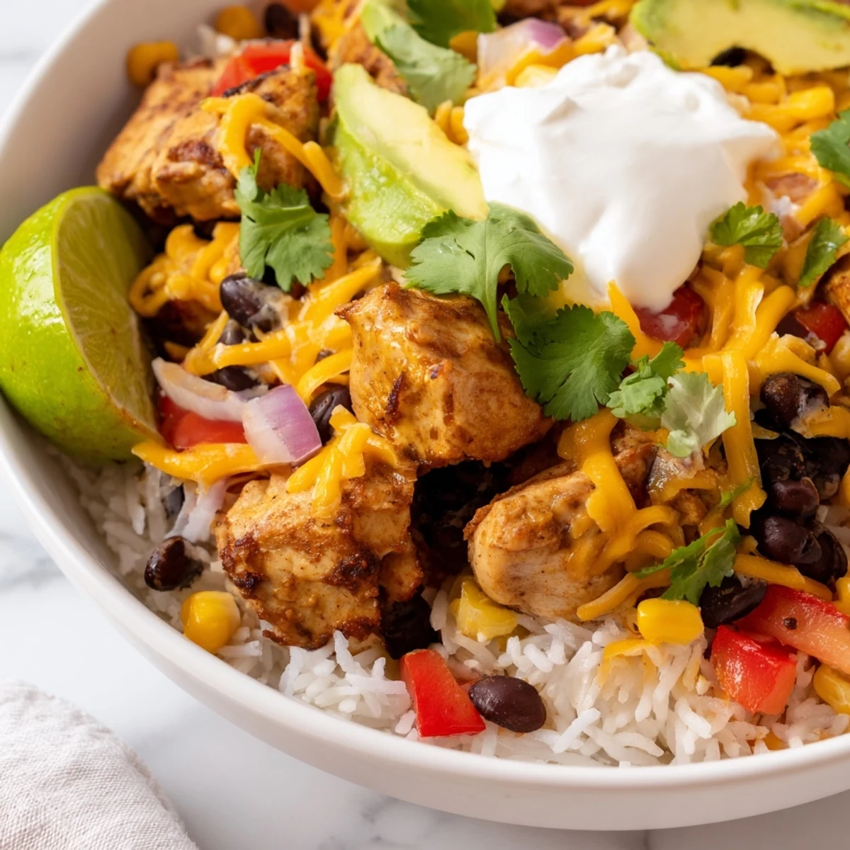 Heaping bowl of chicken burrito bowl with fluffy rice, black beans, and colorful peppers steaming hot