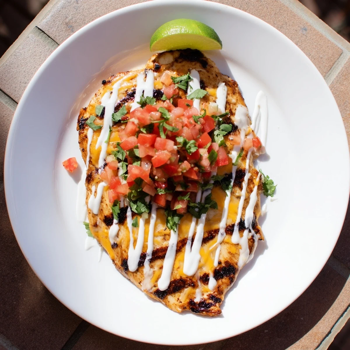 Golden grilled fiesta lime chicken topped with melted cheddar cheese and drizzled with creamy white fiesta sauce