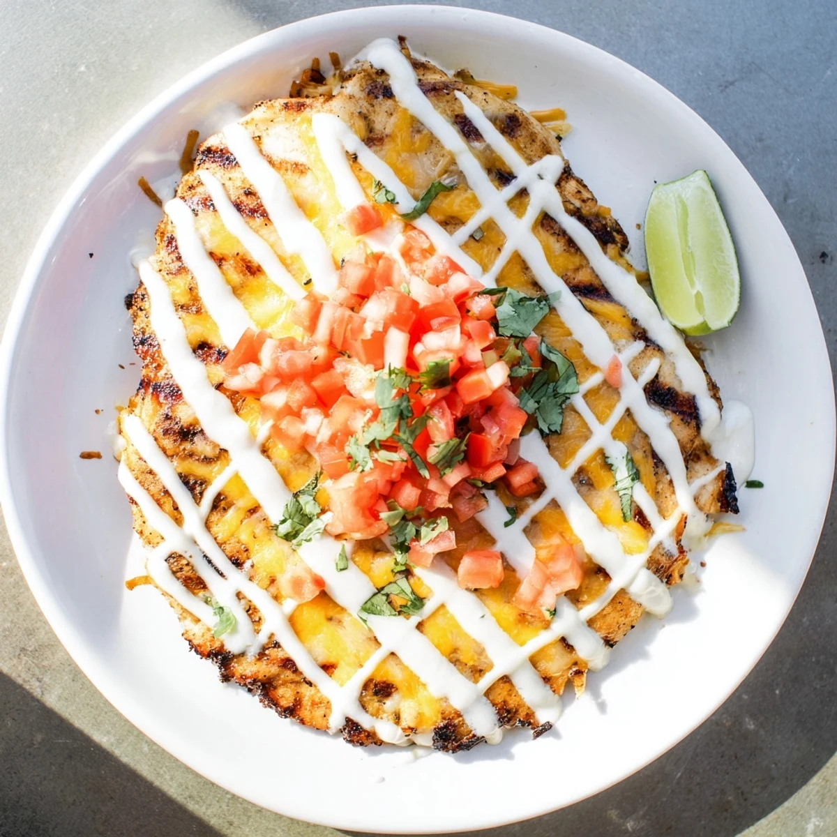 Zesty lime marinated chicken breasts fresh off the grill with pico de gallo and cilantro garnish