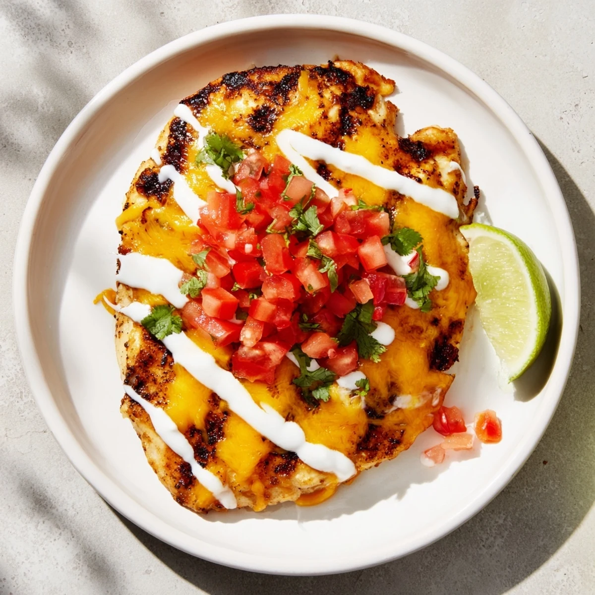 Juicy Southwestern spiced chicken with melted cheese, tangy lime crema, and fresh tomato topping on a plate