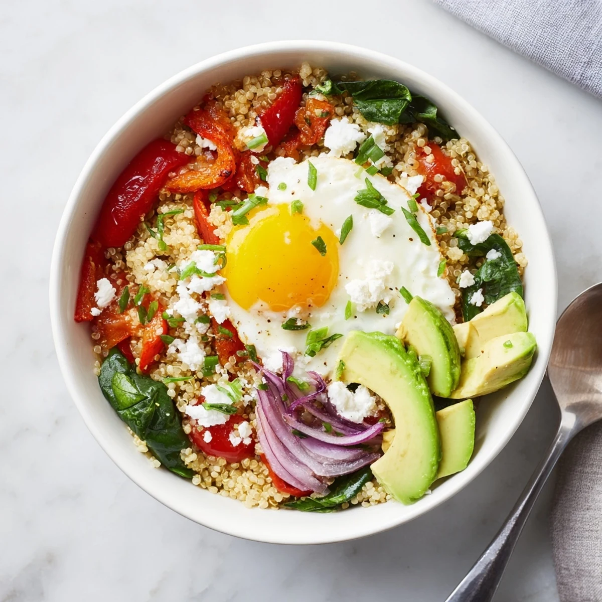 Golden fried egg resting atop fluffy savory quinoa breakfast bowl with colorful sautéed vegetables and fresh herbs