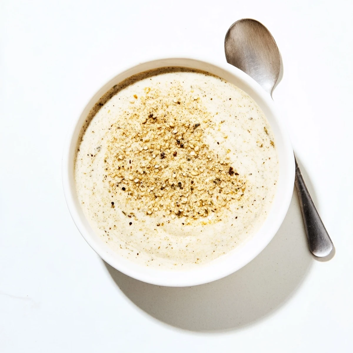 Smooth homemade garlic sauce for chicken shawarma served in a small white dipping bowl