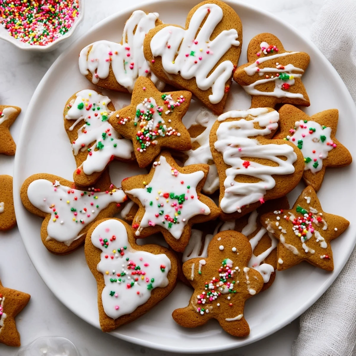 Soft golden-brown gingerbread cookies decorated with white icing and colorful sprinkles on a white plate