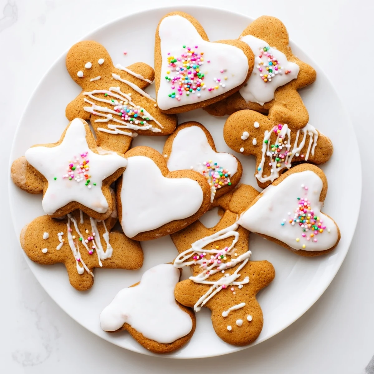 Homemade gingerbread cookies cut into festive shapes and topped with royal icing and edible pearls
