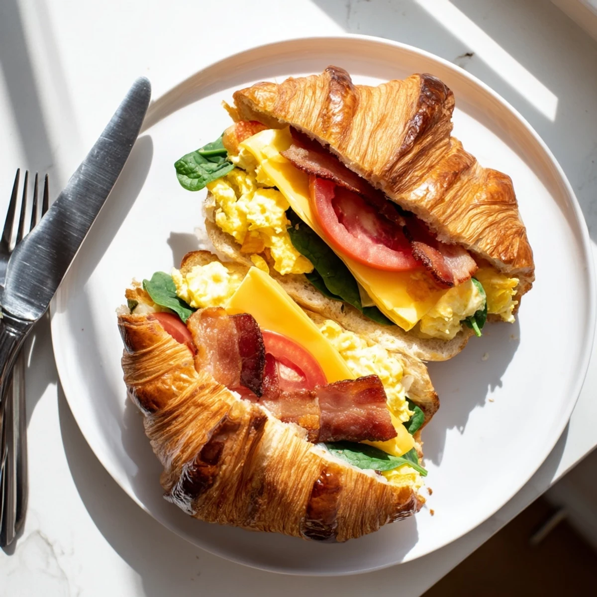Golden flaky croissant breakfast sandwich with melted cheddar, scrambled eggs, and crispy bacon layers