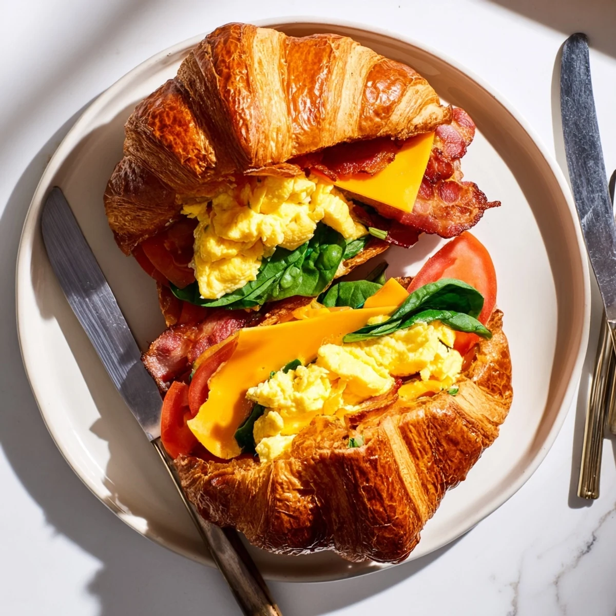 Buttery croissant halves stacked with fluffy scrambled eggs, bacon slices, and fresh spinach on a plate
