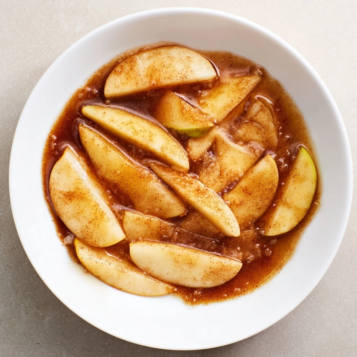 Warm spiced apple slices swimming in sweet cinnamon syrup ready for serving